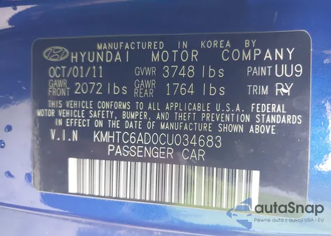 2012 Hyundai Veloster Base W/Gray из США, поврежденный, VIN KMHTC6AD0CU034683